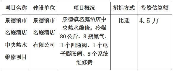 景德鎮(zhèn)市名庭酒店中央熱水維修項(xiàng)目計(jì)劃公告