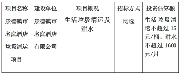 景德鎮(zhèn)市名庭酒店垃圾清運(yùn)項(xiàng)目計(jì)劃公告