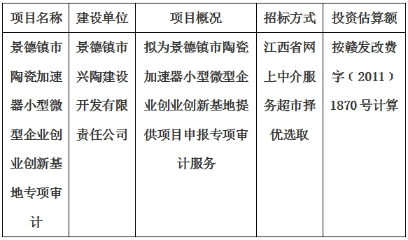 景德鎮(zhèn)市陶瓷加速器小型微型企業(yè)創(chuàng)業(yè)創(chuàng)新基地專項審計計劃公告