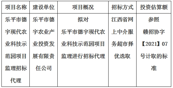 樂平市德宇現(xiàn)代農(nóng)業(yè)科技示范園項目監(jiān)理招標代理計劃公告