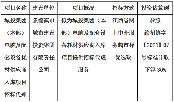 城投集團（本部）電腦及配套設(shè)備耗材供應(yīng)商入庫項目招標(biāo)代理計劃公告