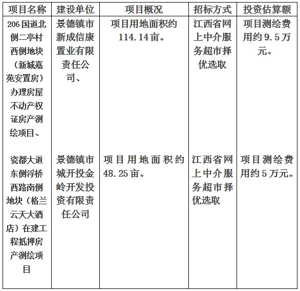 景德鎮(zhèn)市206國道北側(cè)二亭村西側(cè)地塊（新城嘉苑安置房）辦理房屋不動(dòng)產(chǎn)權(quán)證房產(chǎn)測繪項(xiàng)目、瓷都大道東側(cè)浮橋西路南側(cè)地塊（格蘭云天大酒店）在建工程抵押房產(chǎn)測繪項(xiàng)目計(jì)劃公告