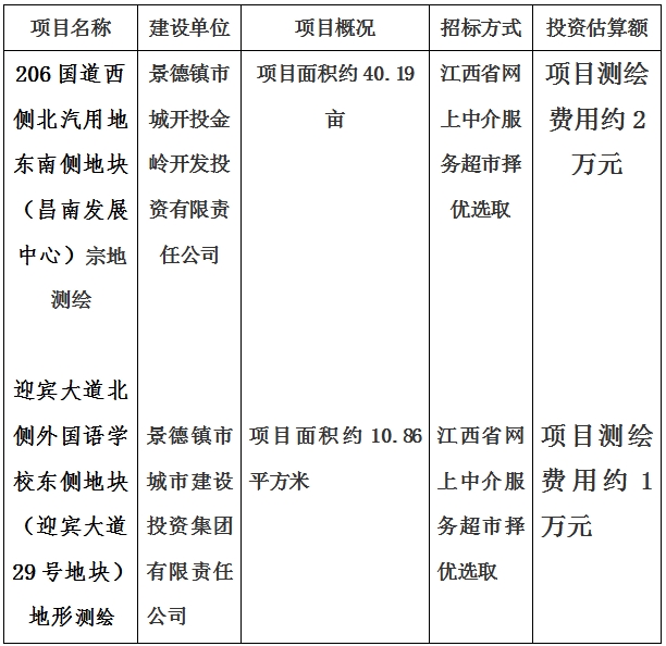 景德鎮(zhèn)市206國道西側(cè)北汽用地東南側(cè)地塊（昌南發(fā)展中心）宗地測(cè)繪項(xiàng)目及迎賓大道北側(cè)外國語學(xué)校東側(cè)地塊（迎賓大道29號(hào)地塊）地形測(cè)繪項(xiàng)目計(jì)劃公告