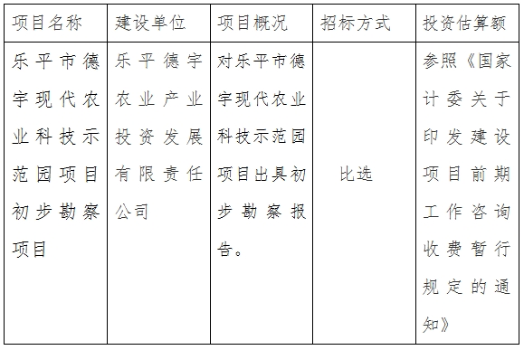 樂平德宇公司現(xiàn)代農(nóng)業(yè)科技示范園項目初步勘察項目計劃公告