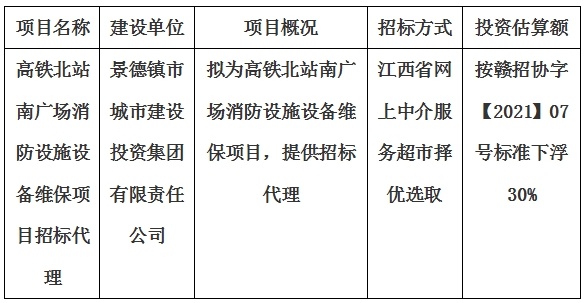 高鐵北站南廣場(chǎng)消防設(shè)施設(shè)備維保項(xiàng)目招標(biāo)代理計(jì)劃公告